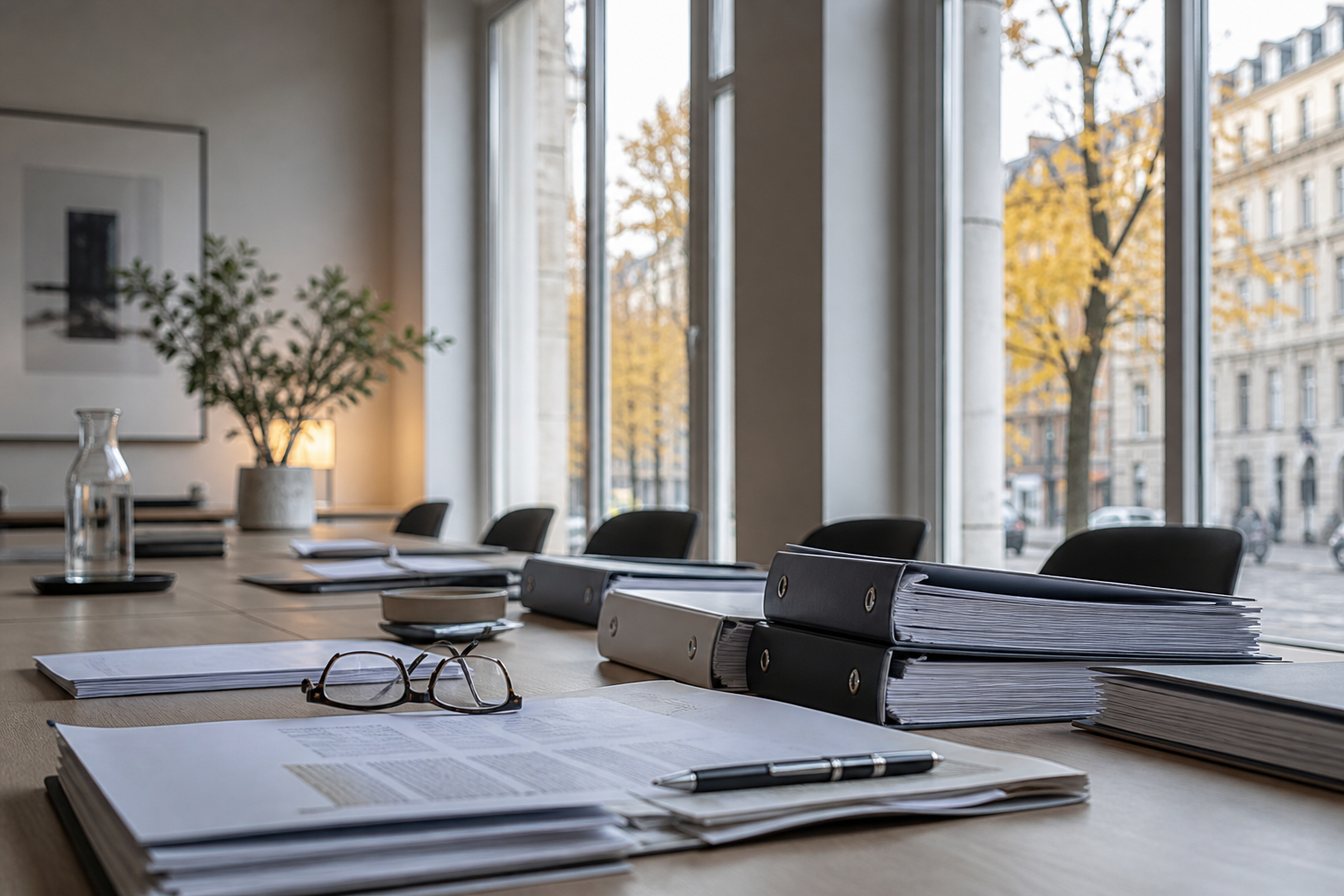 Konferensbord med pärmar och papper i ett ljust kontor med utsikt över en stadsgata